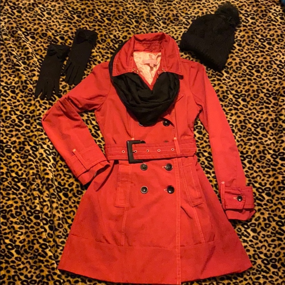 NEW YORK AND CO TRENCH COAT XS BELTED RED PINK